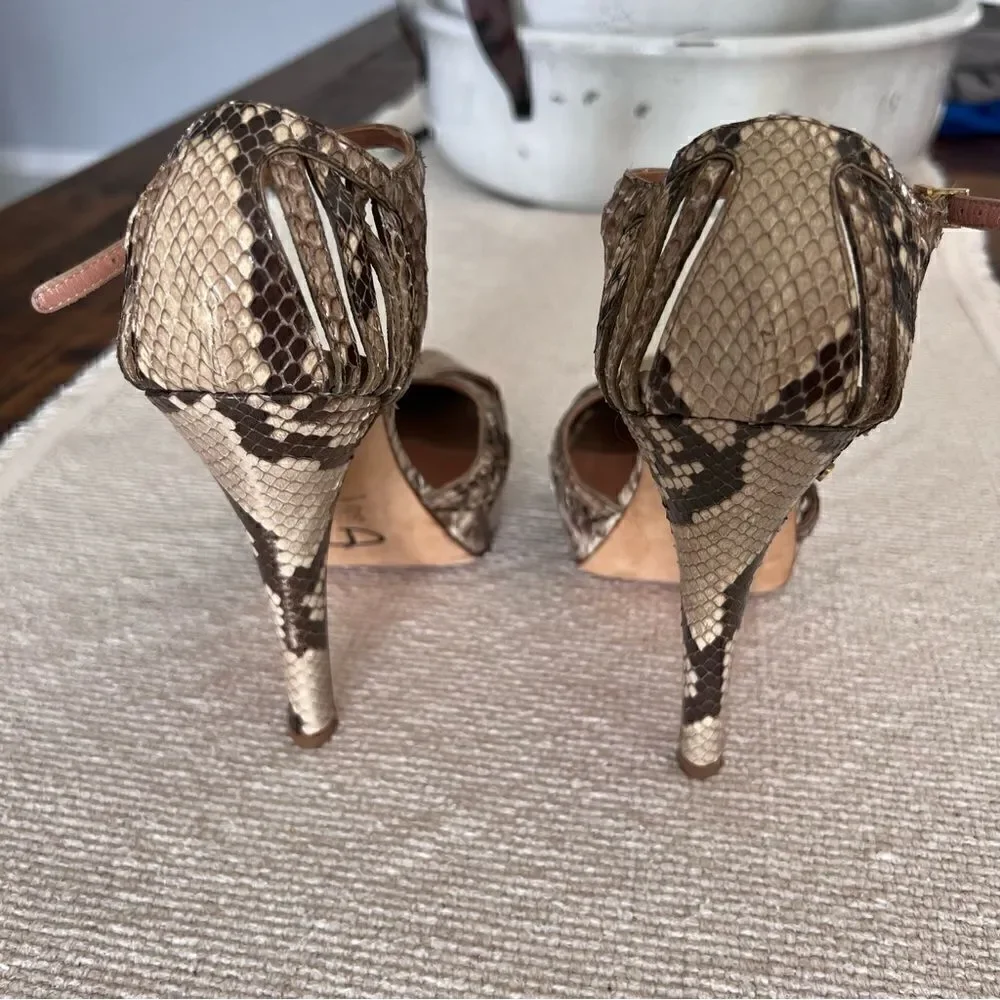LAURENCE DECADE Paris Snakeskin Leather Platform Ankle Strap Heels Size 37